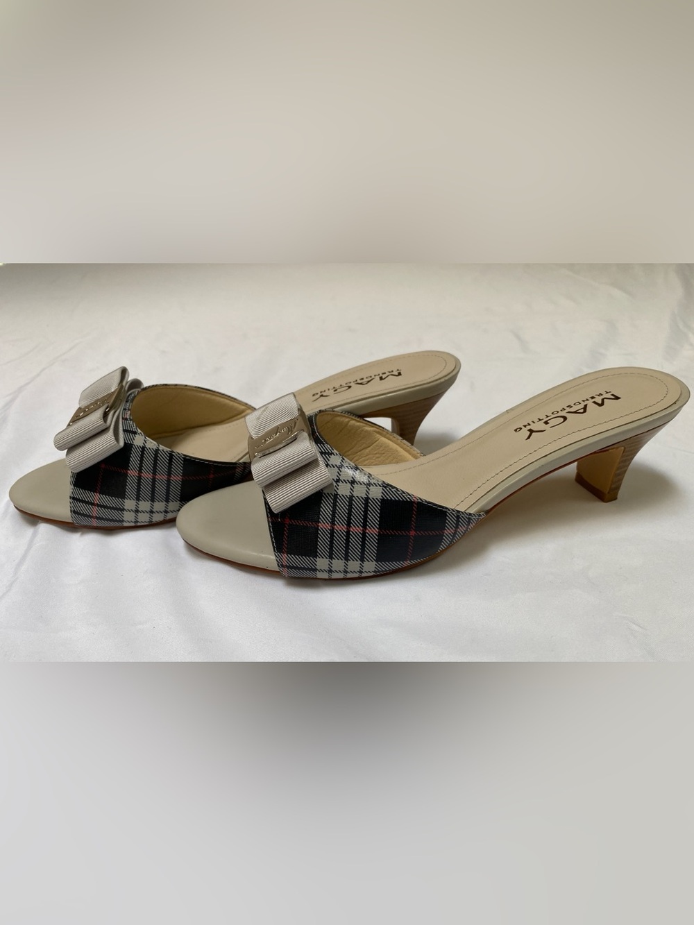 Marciano Black and Cream Plaid Open-Toe Mules with Bow Accent